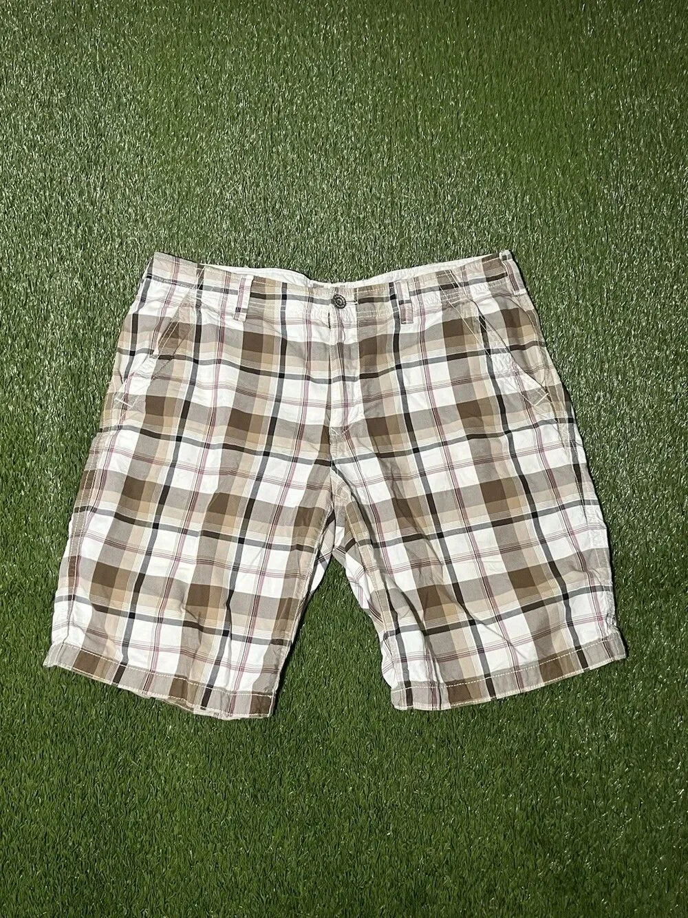 Express Plaid Chino Men's Shorts, Cotton, Brown Beige Pink White, Button Size 36